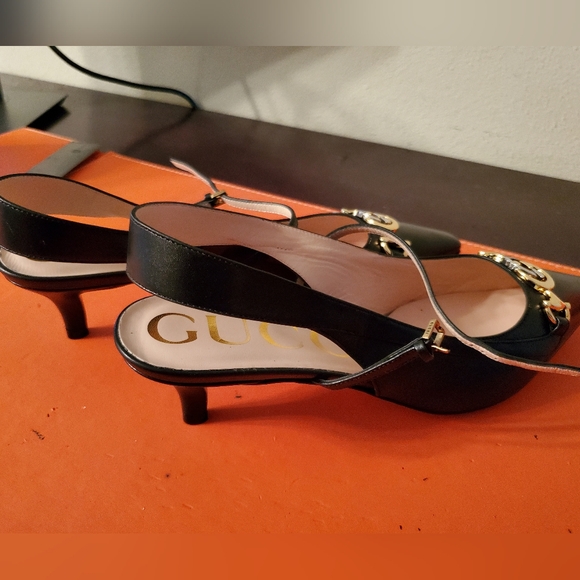 Gucci Zumi Black Leather Horsebit GG Pointed Toe Slingback Kitten heels - Picture 5 of 11